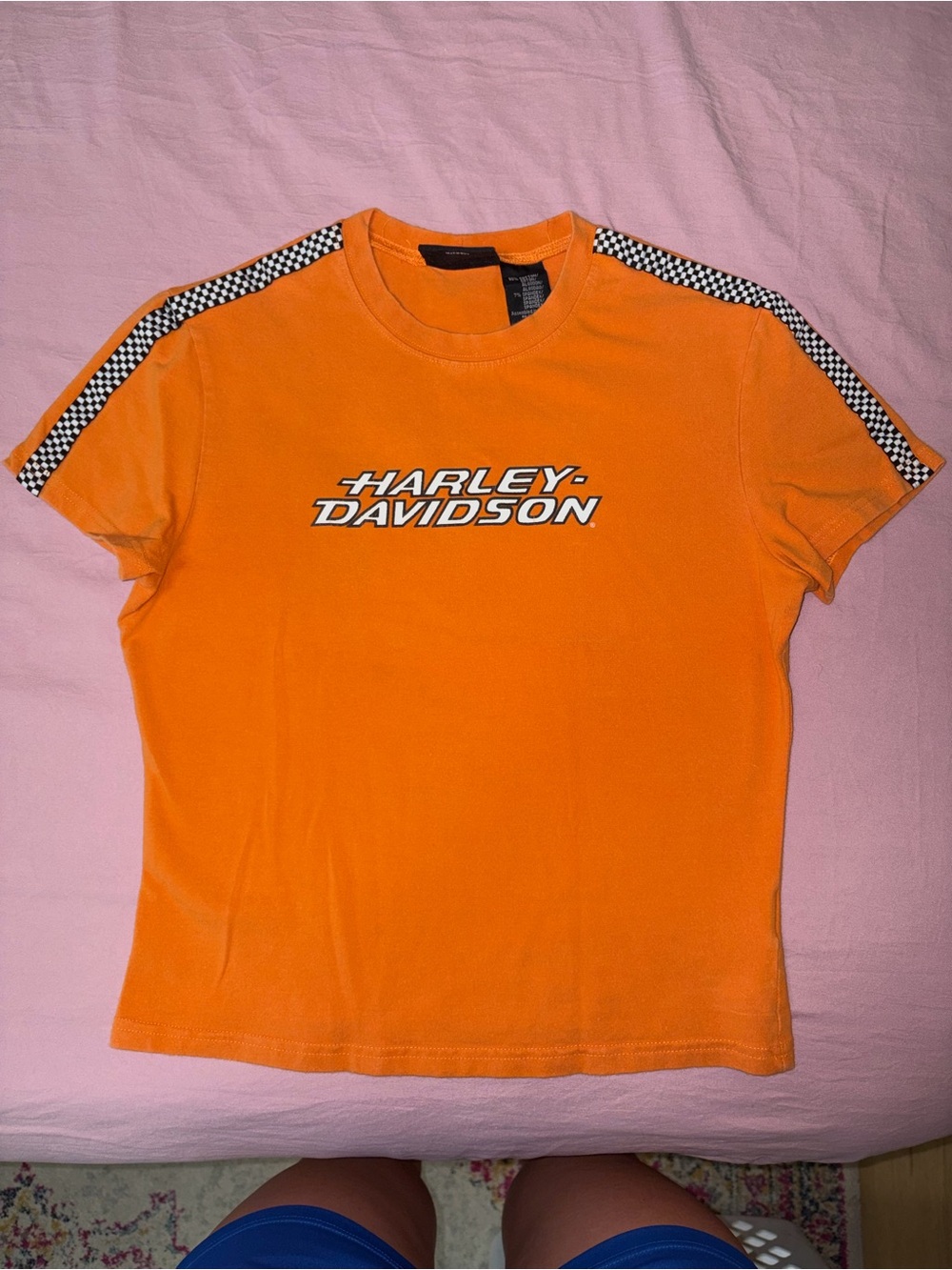 Harley-Davidson Orange Tee with Checkered Shoulder Detail